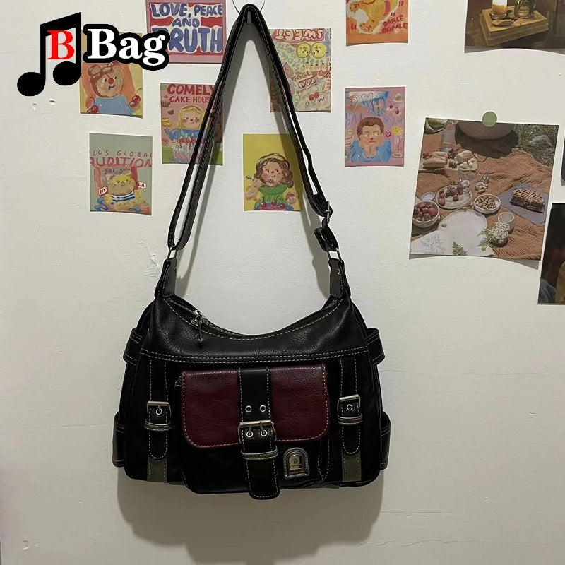 Y2K Vintage High Quality PU Leather Shoulder Bag tote Women's Hip hop Messenger Bag Large Capacity Handbag Commuter Bag Female