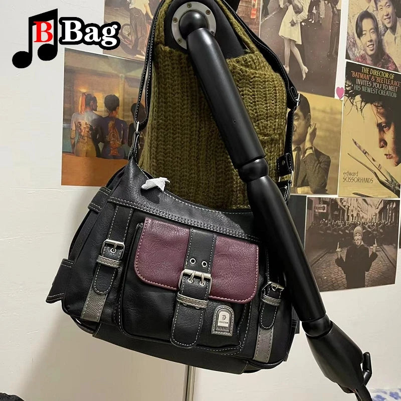 Y2K Vintage High Quality PU Leather Shoulder Bag tote Women's Hip hop Messenger Bag Large Capacity Handbag Commuter Bag Female