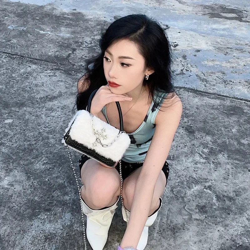 Y2k Handbag for Women Gothic Soft Plush Cross  Applique Chain Shoulder Bag Hot Girls Hip Hop  American Style Crossbody Bag