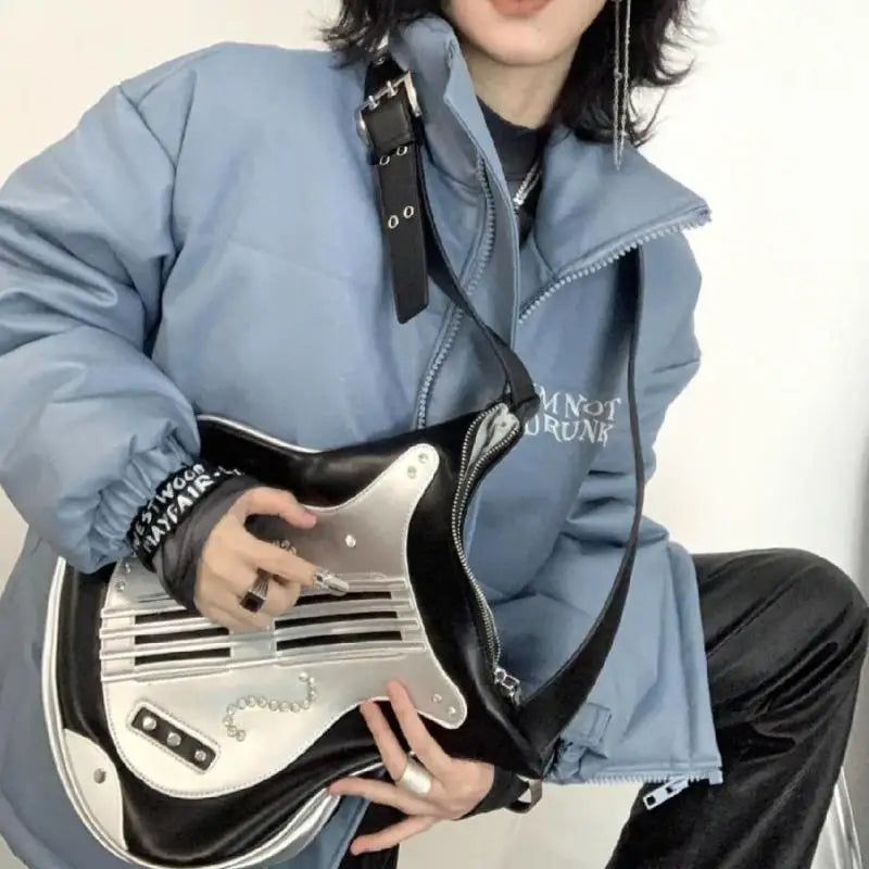 Fashionable Original Retro Irregular Metal Rivets Inlaid With Diamonds Guitar Shape Design Crossbody Bag For Women Rock Hip-hop