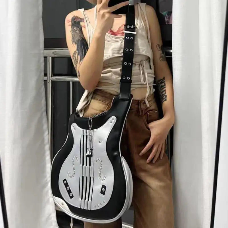 Fashionable Original Retro Irregular Metal Rivets Inlaid With Diamonds Guitar Shape Design Crossbody Bag For Women Rock Hip-hop