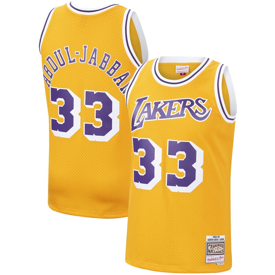 Men's Los Angeles Lakers Kareem Abdul-Jabbar Mitchell & Ness Gold 1984-85 Hardwood Classics Swingman Jersey